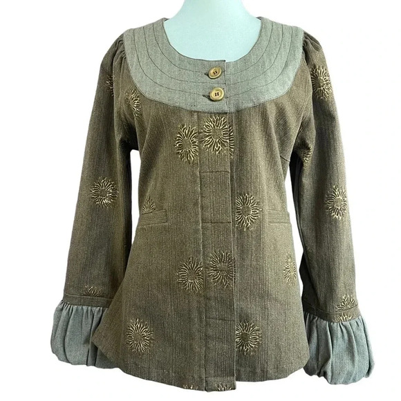 SERRAHNA Statement Blazer Gold Leaf Floral Flounce Cuff Boho Luxe Rare Small - Picture 12 of 12